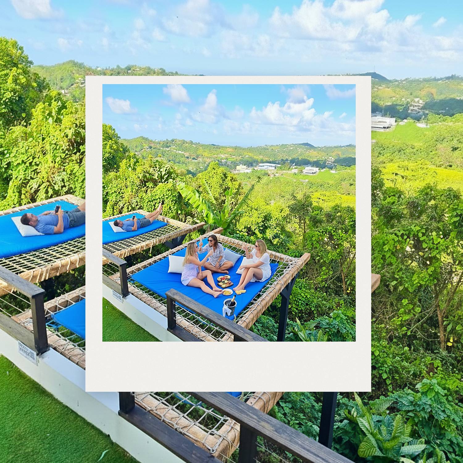 Guests on the panoramic hammock decks that hang out over the valley