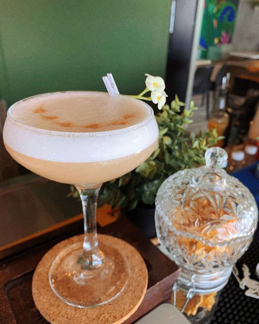 A coupe cocktail with a foam top and an orchid garnish on the bar at Pal Velde
